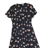 ROBBIE BEE Womens Black Floral Day Dress Cotton Blend Short Sleeve Midi L