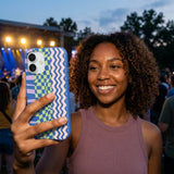 Electric Blue Mixed Up iPhone 15 Case - Lifestyle photo showing phone case in use