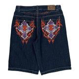 Cross And Flames Jinzu Graphic Denim Shorts - 34W 13L Dark Wash Cotton