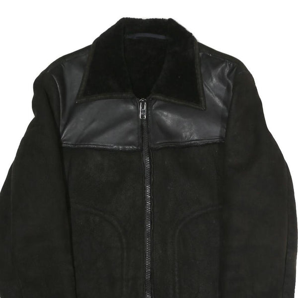 Mens Black Polyester Blend Zip Jacket S Faux Leather Contrast Plain Casual