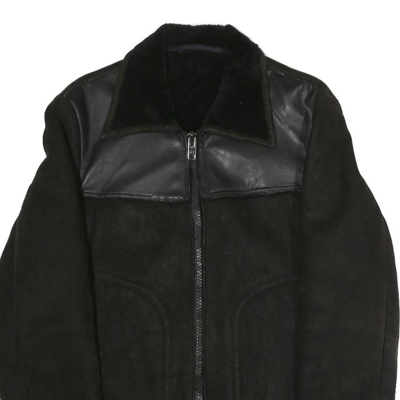 Mens Black Polyester Blend Zip Jacket S Faux Leather Contrast Plain Casual