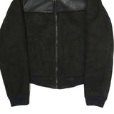 Mens Black Polyester Blend Zip Jacket S Faux Leather Contrast Plain Casual