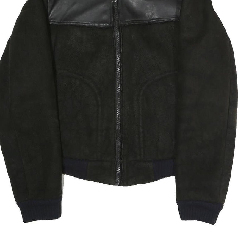 Mens Black Polyester Blend Zip Jacket S Faux Leather Contrast Plain Casual