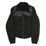 Mens Black Polyester Blend Zip Jacket S Faux Leather Contrast Plain Casual