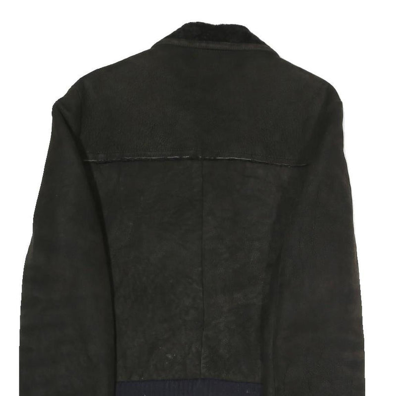 Mens Black Polyester Blend Zip Jacket S Faux Leather Contrast Plain Casual