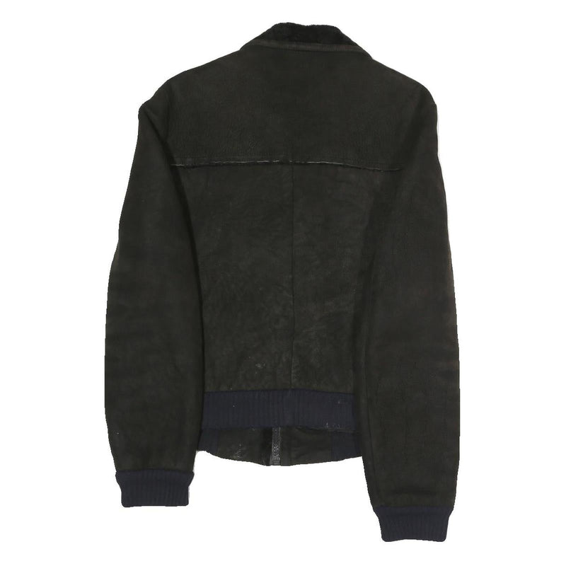 Mens Black Polyester Blend Zip Jacket S Faux Leather Contrast Plain Casual