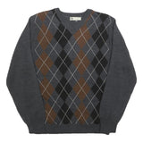WILKE-RODRIGUEZ Mens Grey Brown Black Patterned V-Neck Basic Knit M Jumper