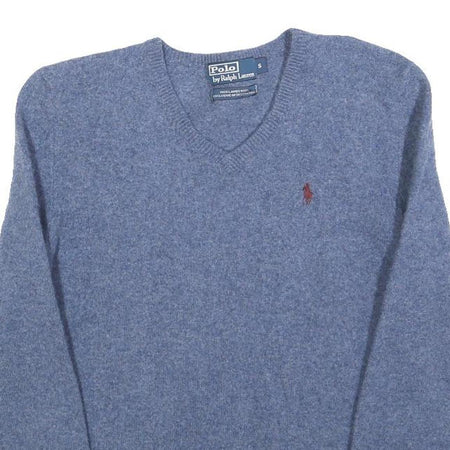 POLO RALPH LAUREN Womens Blue Plain Wool Pullover V-Neck Basic Knit S Classic