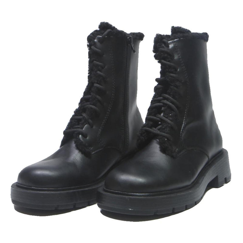 CHARLES & KEITH Womens Lace-Up Ankle Boots Leather UK 4 Black Warm Lined Chunky