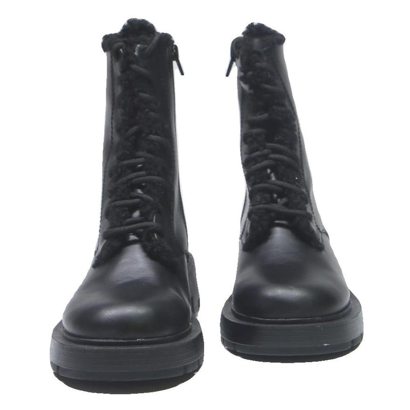 CHARLES & KEITH Womens Lace-Up Ankle Boots Leather UK 4 Black Warm Lined Chunky