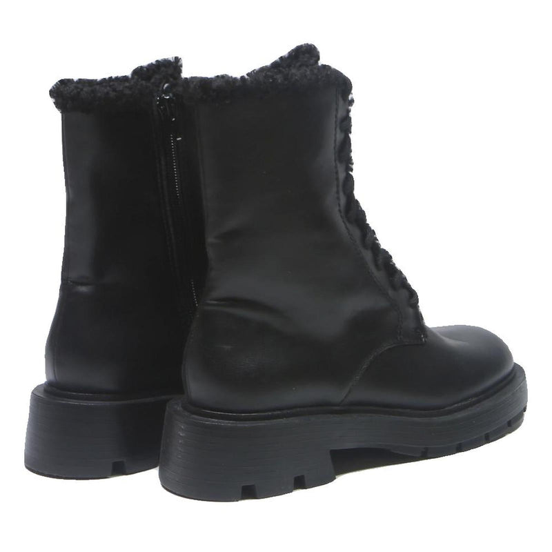 CHARLES & KEITH Womens Lace-Up Ankle Boots Leather UK 4 Black Warm Lined Chunky