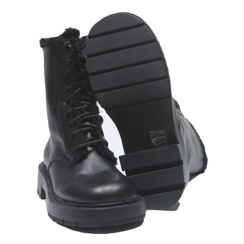 CHARLES & KEITH Womens Lace-Up Ankle Boots Leather UK 4 Black Warm Lined Chunky