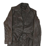 Womens Brown Leather Button Jacket M Plain Classic Fit Belted