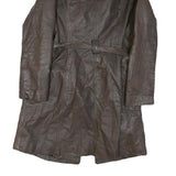 Womens Brown Leather Button Jacket M Plain Classic Fit Belted
