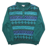CRICKET LANE Womens Green Patterned Jumper Polo Neck Chunky Knit L Button Up