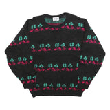 HELIUM Womens Black Patterned Jumper Round Neck Basic Knit M Floral Design