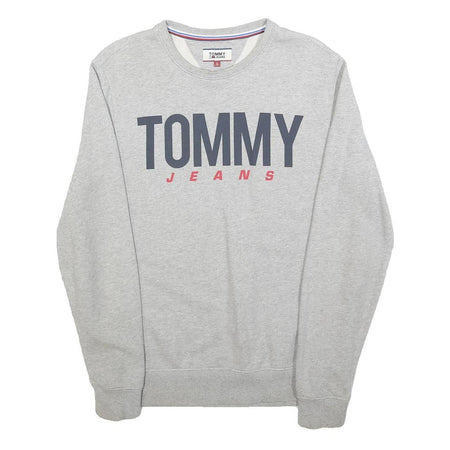 TOMMY JEANS Mens Grey Sweatshirt Crew Neck S Logo Print Cotton Blend Casual