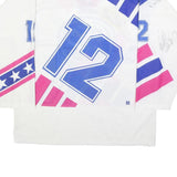 ADIDAS Mens White & Blue & Pink Graphic T-Shirt Long Sleeve V-Neck L Drawstring
