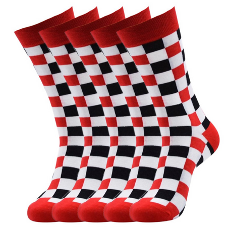 Anyfootwear 5 Pairs Size 5-14 Women Fashion Socks Cotton Skateboard Black White Square Pattern Red Novelty Crew Socks Casual Sports Socks