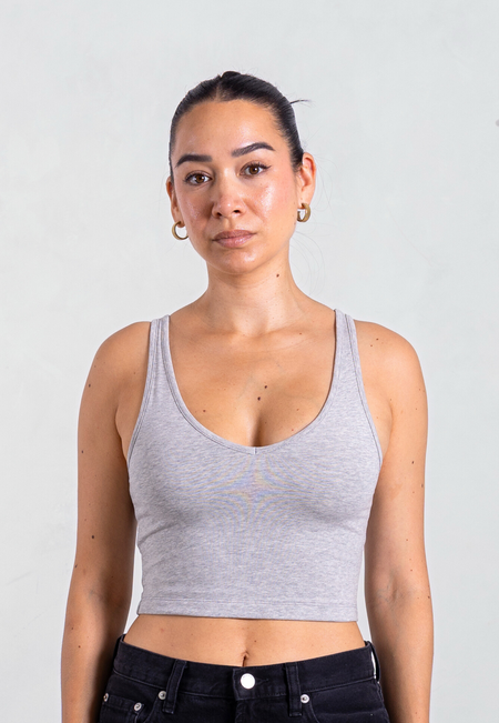 Organic Cotton V-Neck Cropped Tank Top, Light Grey Marl
