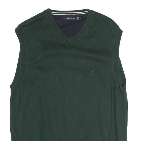 NAUTICA Mens Green Plain Pullover Jumper V-Neck Basic Knit M Cotton Blend