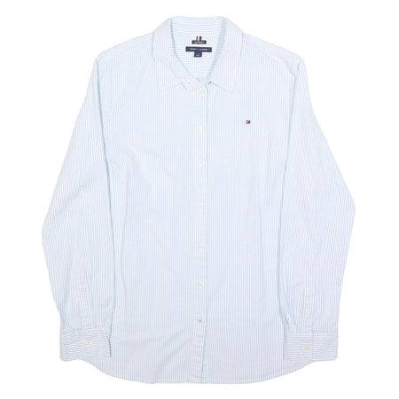 TOMMY HILFIGER Womens Blue & White Striped Shirt M Classic Cotton Blend Long