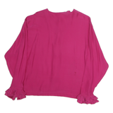 KIKIT Womens Pink Silk Button Shirt Long Sleeve Crew Neck Ruffle Cuffs M
