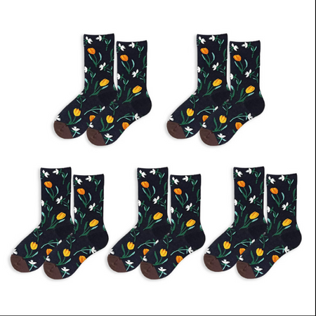 Anyfootwear 5 Pairs Size 5-9 Unisex Long Socks Cartoon Nature Water Print Design Warm Winter Socks Comfortable Casual Foot Accessories