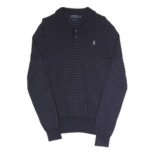 POLO RALPH LAUREN Mens Navy Blue Patterned Polo Neck Jumper Basic Knit S Stripe