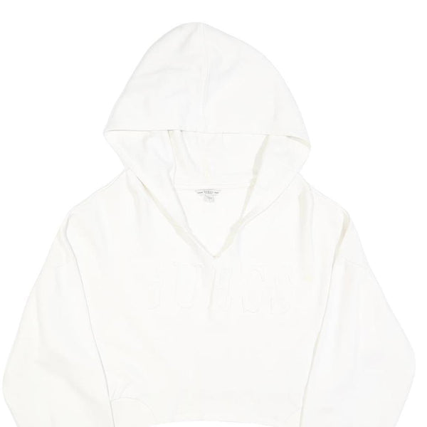 GUESS Womens White Cropped Hoodie L Cotton Blend Casual Streetwear