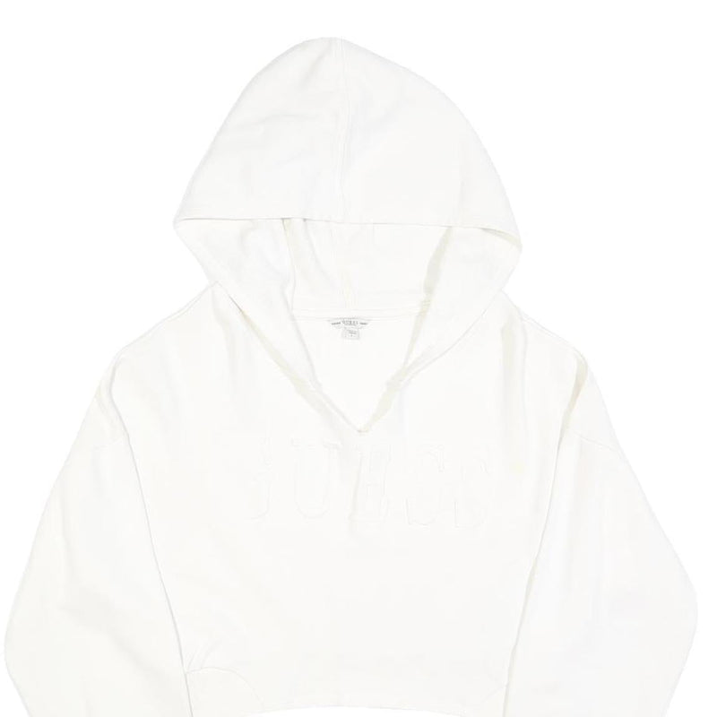 GUESS Womens White Cropped Hoodie L Cotton Blend Casual Streetwear