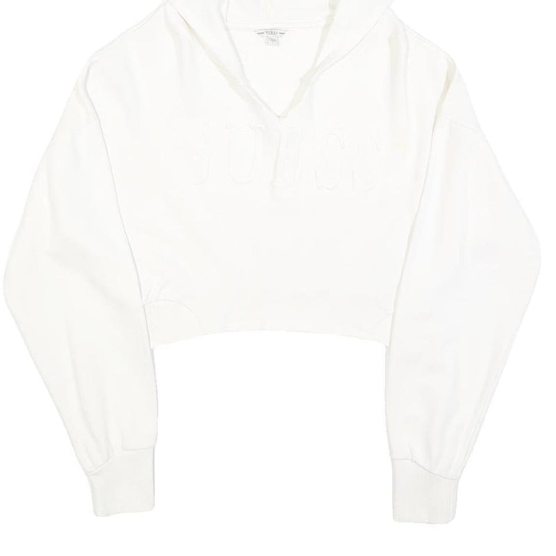 GUESS Womens White Cropped Hoodie L Cotton Blend Casual Streetwear