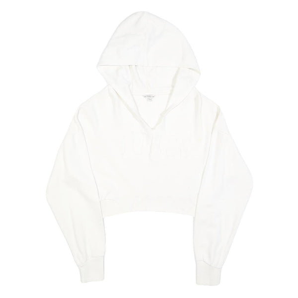 GUESS Womens White Cropped Hoodie L Cotton Blend Casual Streetwear