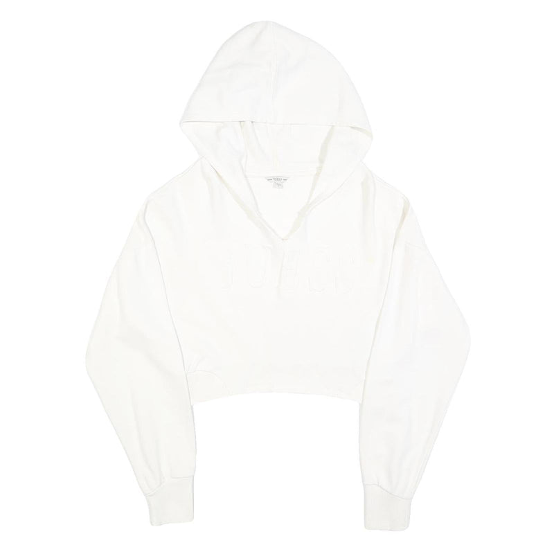 GUESS Womens White Cropped Hoodie L Cotton Blend Casual Streetwear