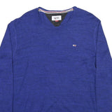 TOMMY JEANS Mens Blue Plain Cotton Blend Crew Neck Basic Knit Jumper XL Casual