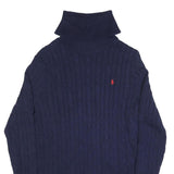 RALPH LAUREN SPORT Womens Navy Cable Knit Cotton Jumper Roll Neck XL Slim