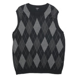 APT 9 Mens Black & Grey Patterned Sleeveless V-Neck Cotton Jumper XL Argyle Knit