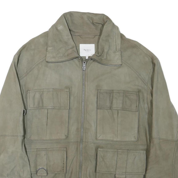 PEPE JEANS Mens Grey Leather Utility Jacket L Suede Four Pocket Zip Closure