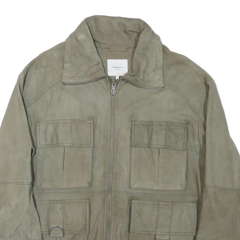 PEPE JEANS Mens Grey Leather Utility Jacket L Suede Four Pocket Zip Closure
