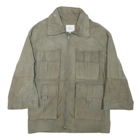 PEPE JEANS Mens Grey Leather Utility Jacket L Suede Four Pocket Zip Closure