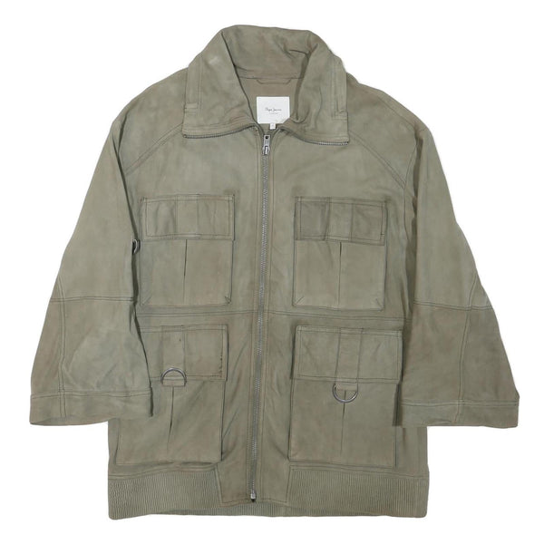 PEPE JEANS Mens Grey Leather Utility Jacket L Suede Four Pocket Zip Closure