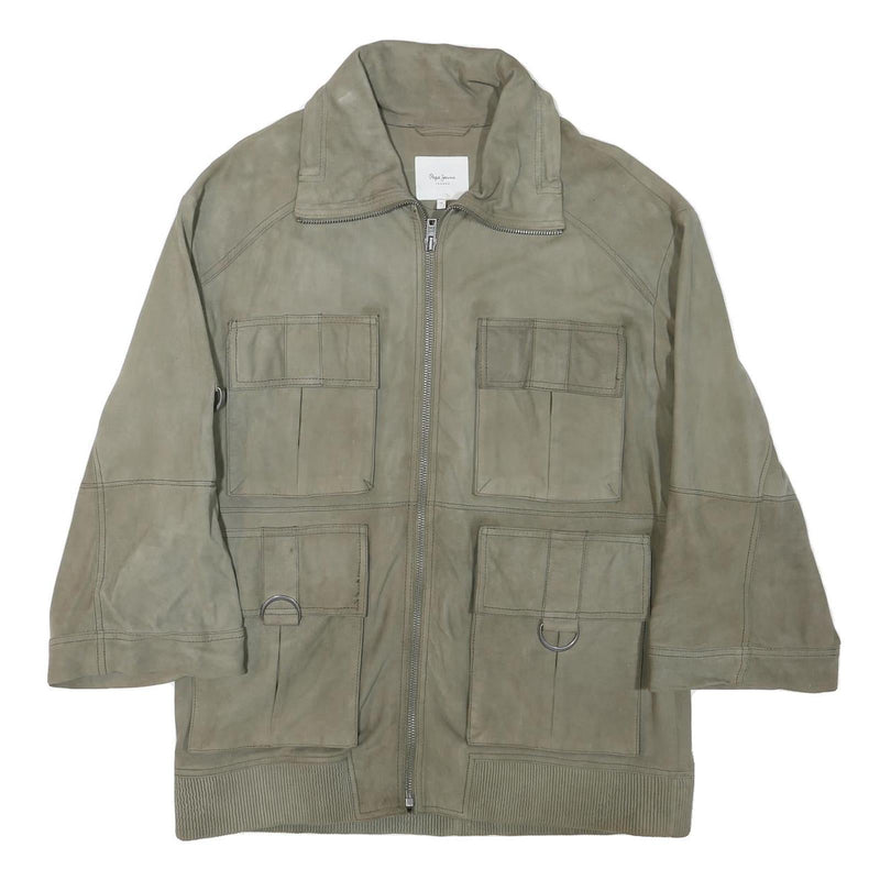 PEPE JEANS Mens Grey Leather Utility Jacket L Suede Four Pocket Zip Closure