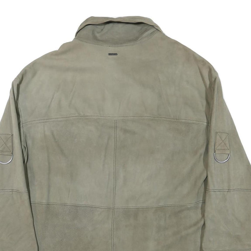 PEPE JEANS Mens Grey Leather Utility Jacket L Suede Four Pocket Zip Closure