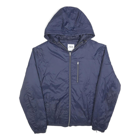 ZARA Mens Blue Hooded Jacket L Polyester Plain Lightweight Zip Casual
