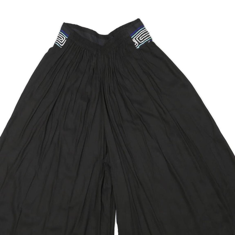 Womens Black Loose Rayon Trousers W24 L18 Embroidered Waist Casual Summer