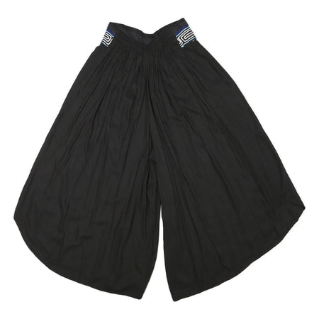 Womens Black Loose Rayon Trousers W24 L18 Embroidered Waist Casual Summer