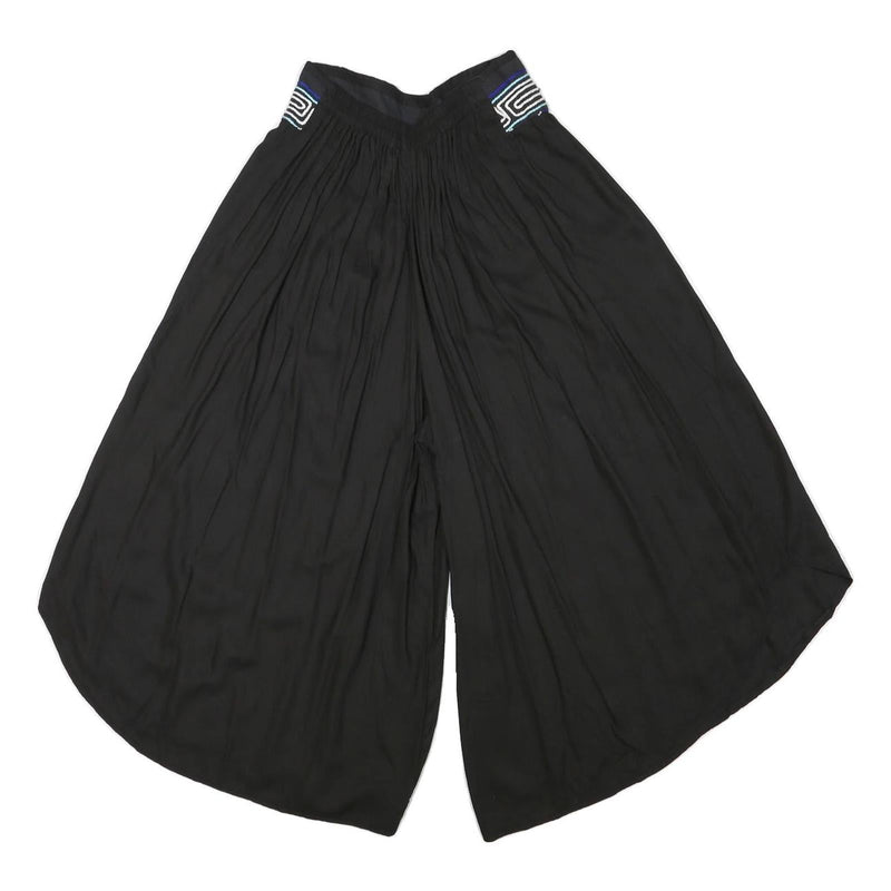 Womens Black Loose Rayon Trousers W24 L18 Embroidered Waist Casual Summer