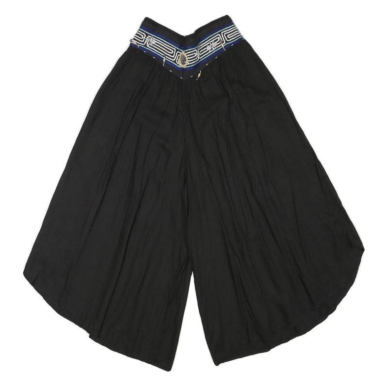 Womens Black Loose Rayon Trousers W24 L18 Embroidered Waist Casual Summer