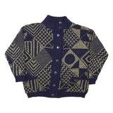 JESSICA Womens Navy & Gold Patterned Button Up Chunky Knit M Jumper Acrylic