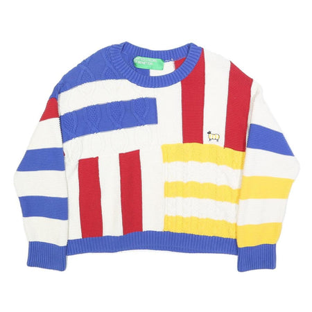 BENETTON Womens Blue & Red Patterned Cotton Jumper Cable Knit M Colourblock Crew